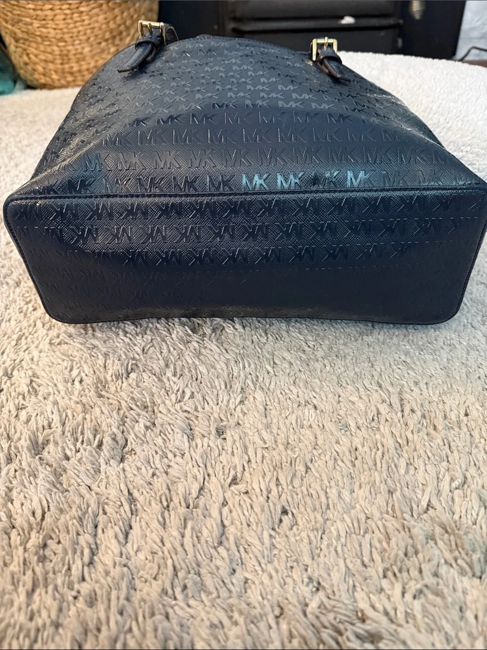 Michael Kors Navy Embossed MK jet set Tote luxury business casual cozy feminine